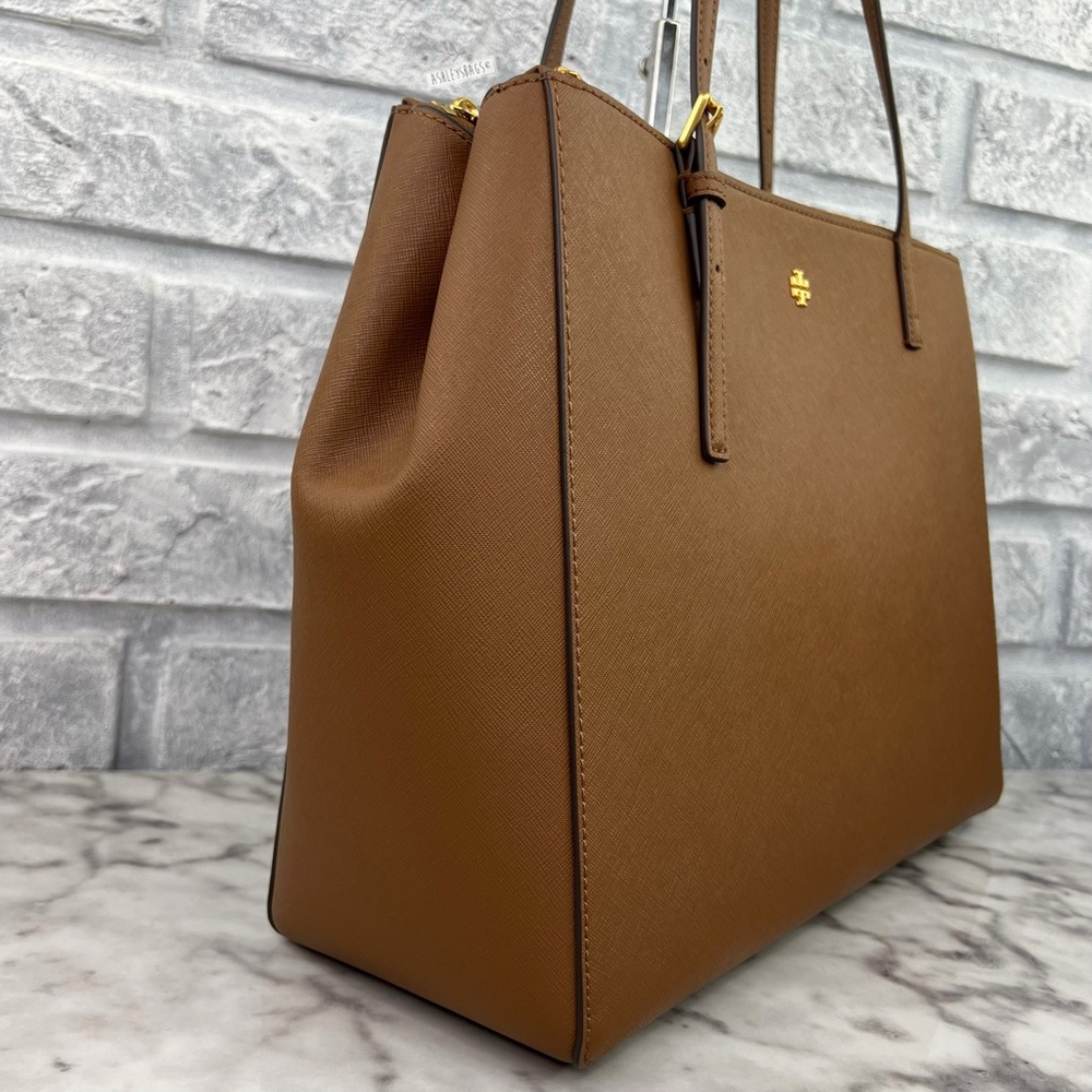 Tory Burch Emerson Large Double Zip Tote & Emerson Slim Wallet In Moose Brown - Picture 3 of 16